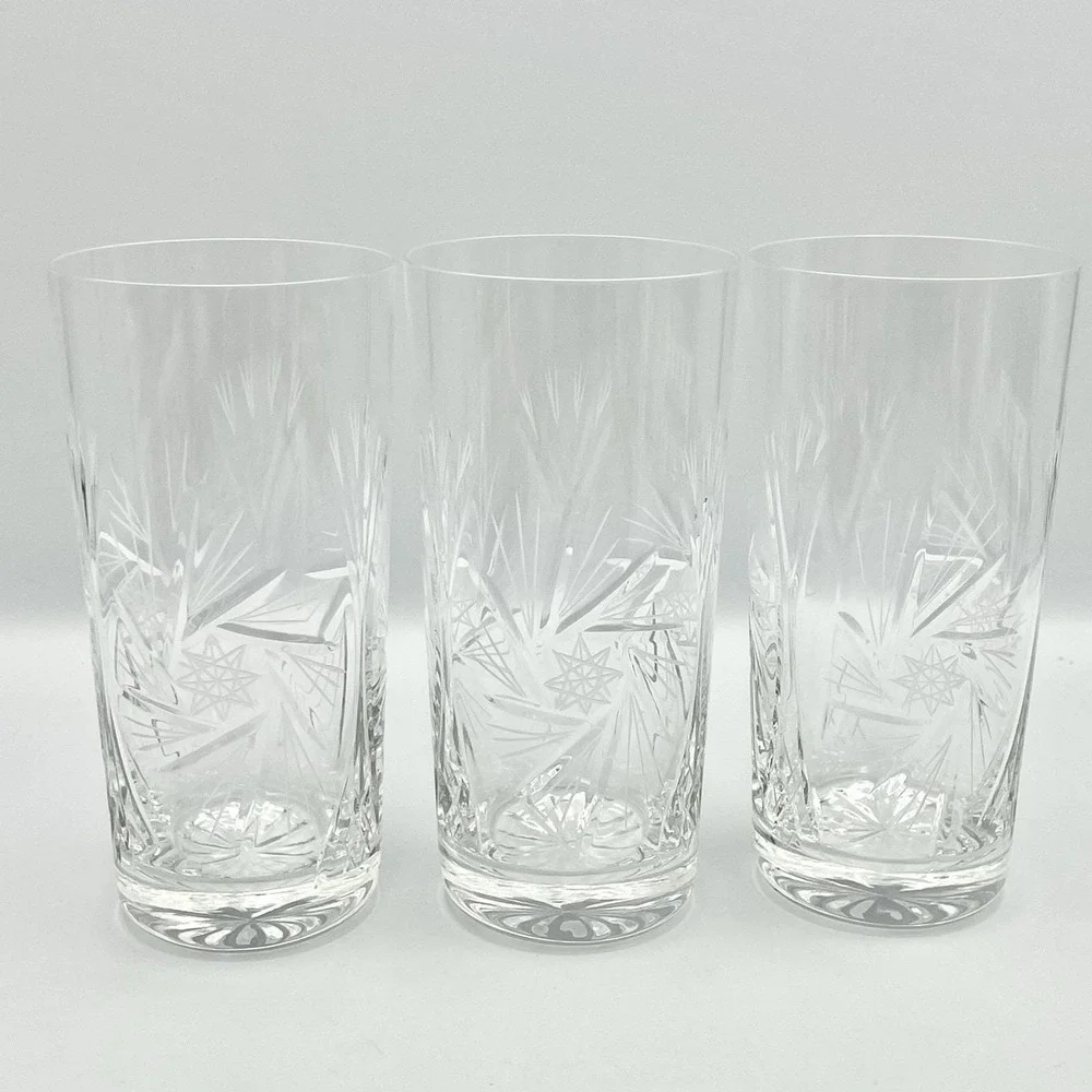Vintage 1980s Cut Crystal Starburst Fan Highball Glasses Set‎ of 3